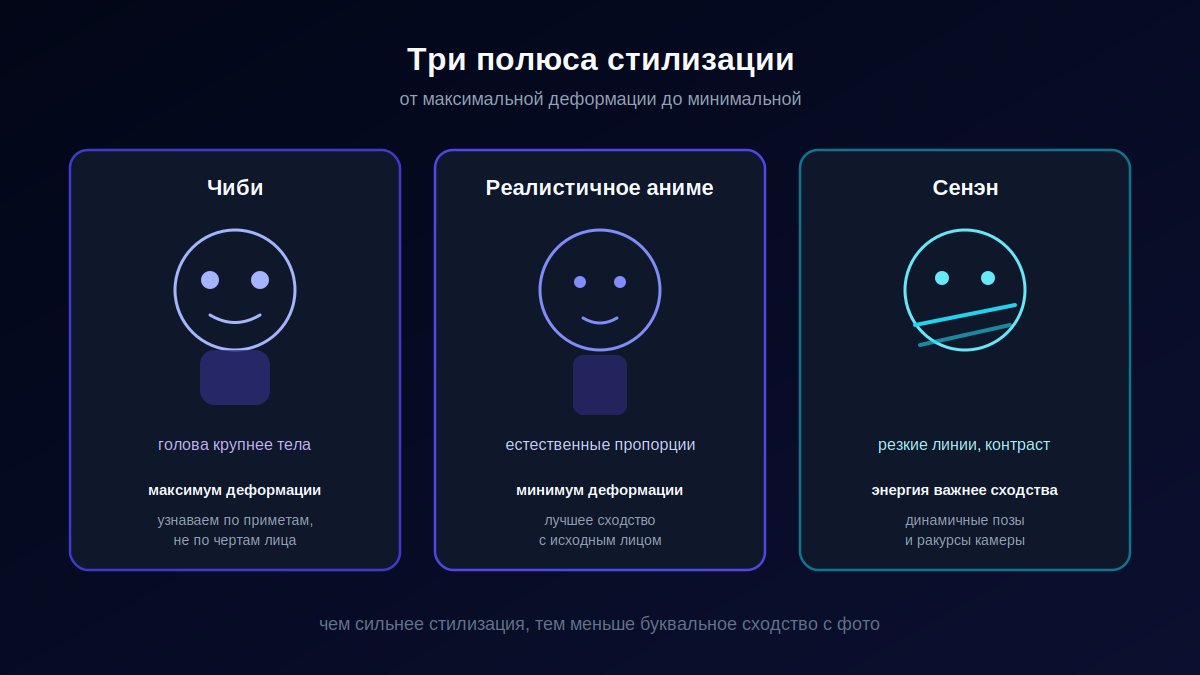 Три стиля аниме-аватара: чиби, реалистичное аниме, сенэн