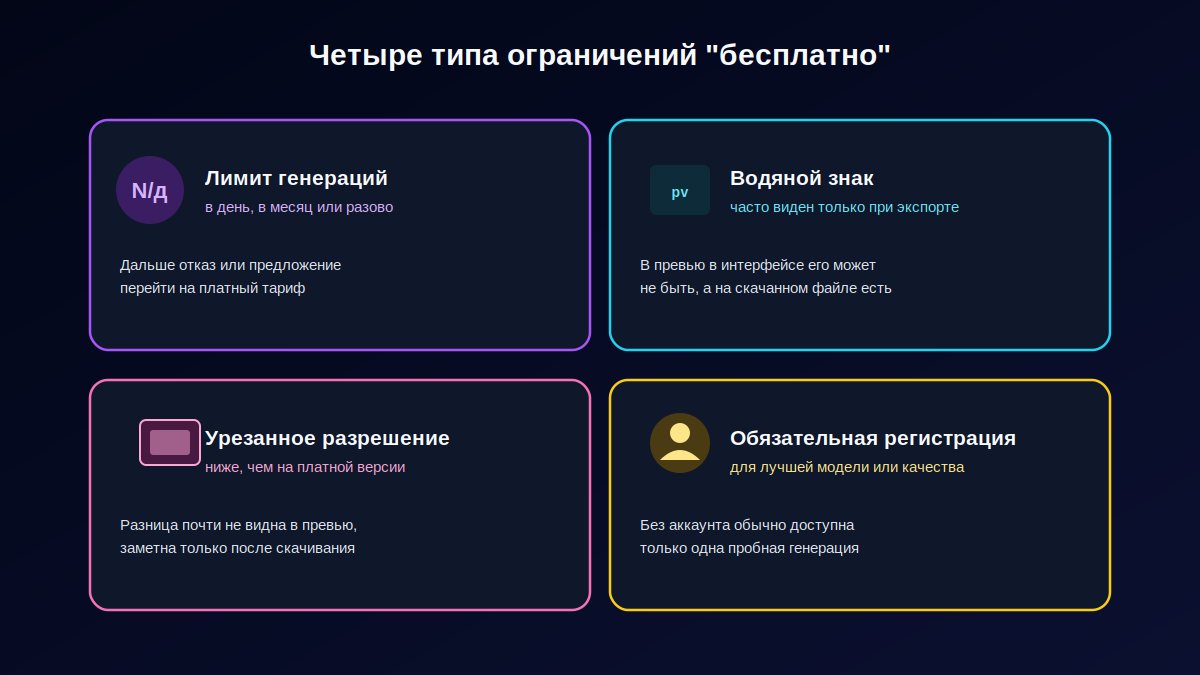 Четыре типа ограничений бесплатных тарифов ИИ-сервисов: лимит, водяной знак, разрешение, регистрация