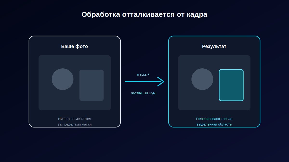 Схема обработки своего фото нейросетью: маска, сохраненная область и перерисованная область