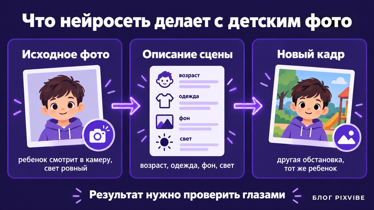 Схема из трех шагов: исходное фото ребенка, описание сцены, новый кадр