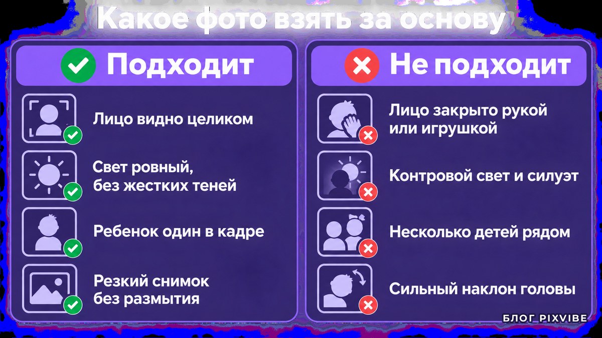 Схема из двух колонок: какое фото ребенка подходит для нейросети и какое не подходит