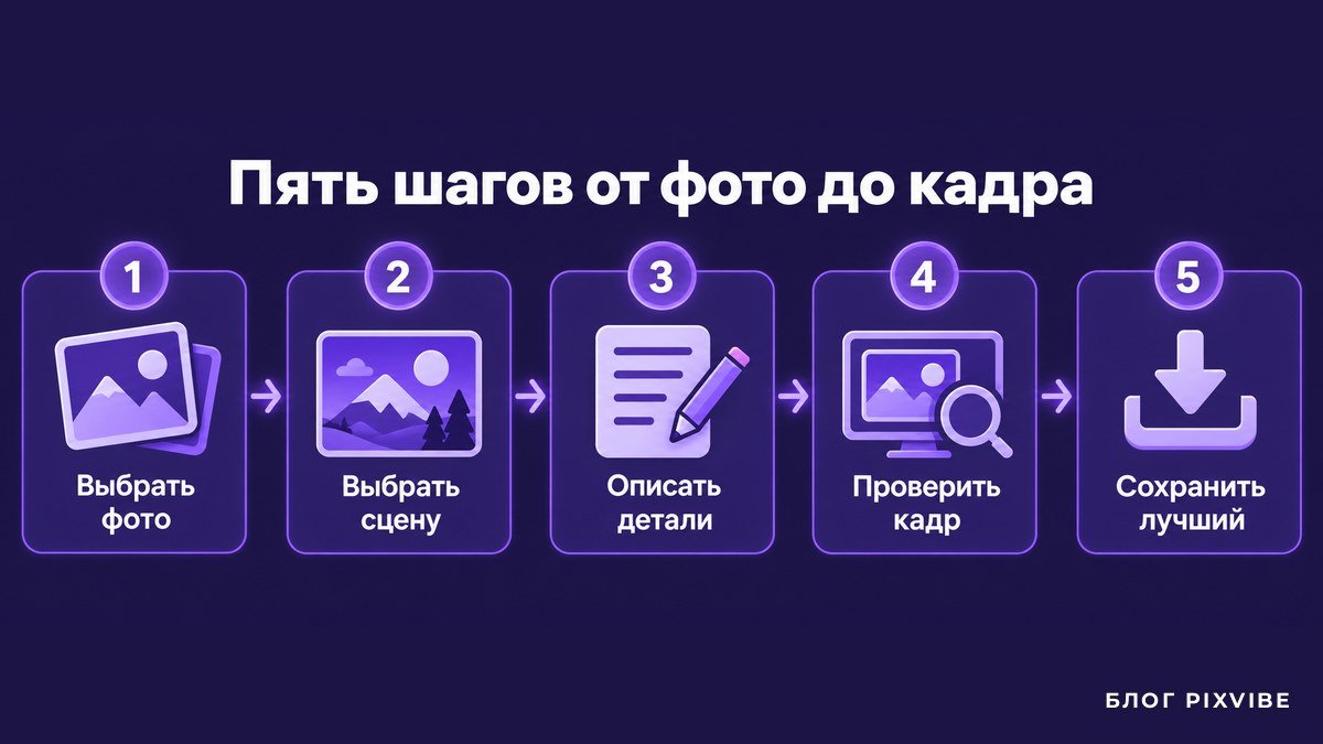 Схема из пяти шагов от выбора фото до сохранения лучшего кадра