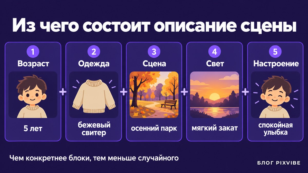 Схема из пяти блоков описания сцены: возраст, одежда, сцена, свет, настроение