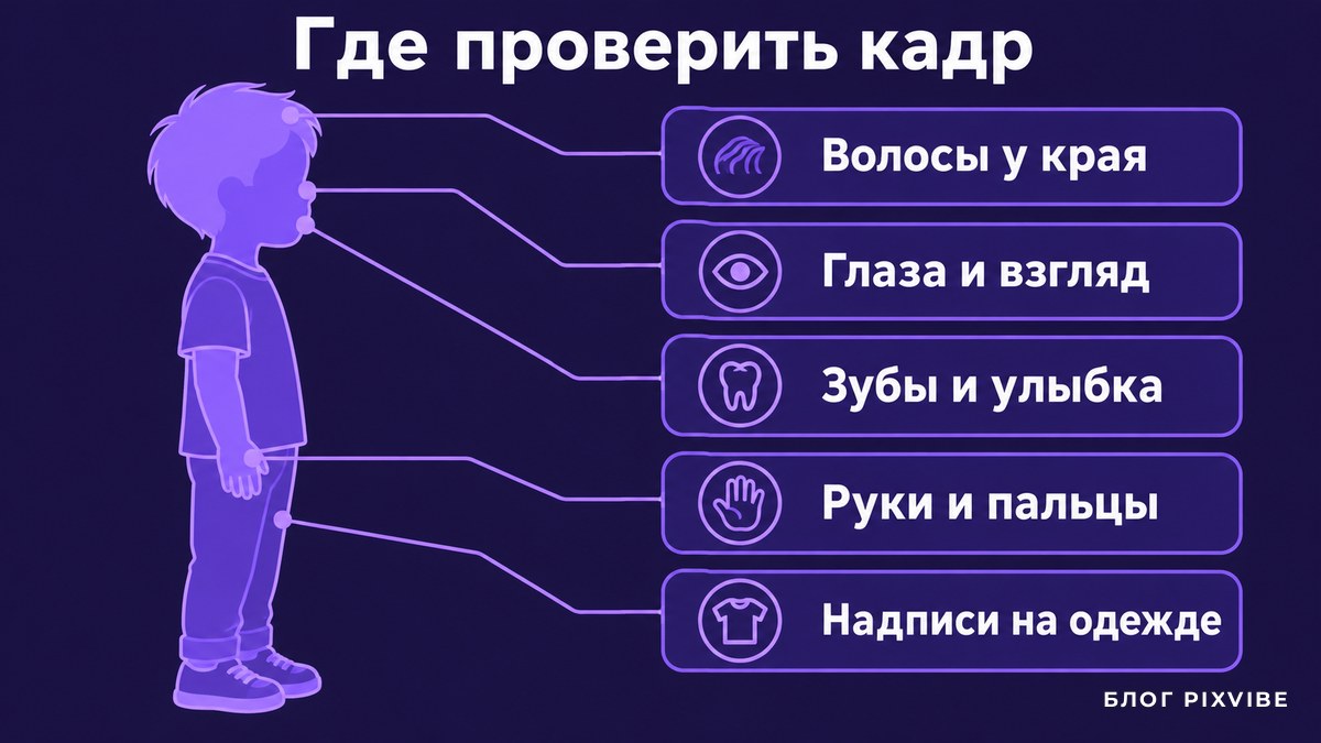 Схема проверки кадра: руки, зубы, глаза, волосы, надписи на одежде