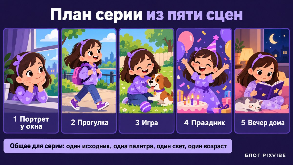 Схема плана серии из пяти сцен с общими правилами для всех кадров
