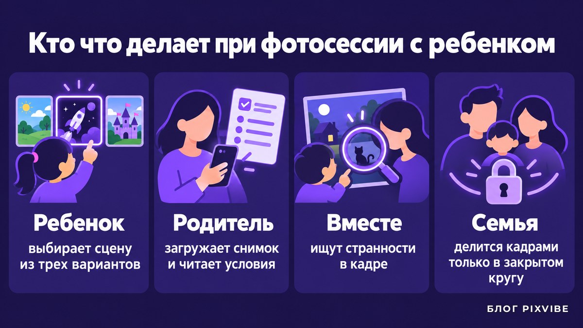 Схема ролей при фотосессии вместе с ребенком: ребенок выбирает сцену, родитель загружает снимок