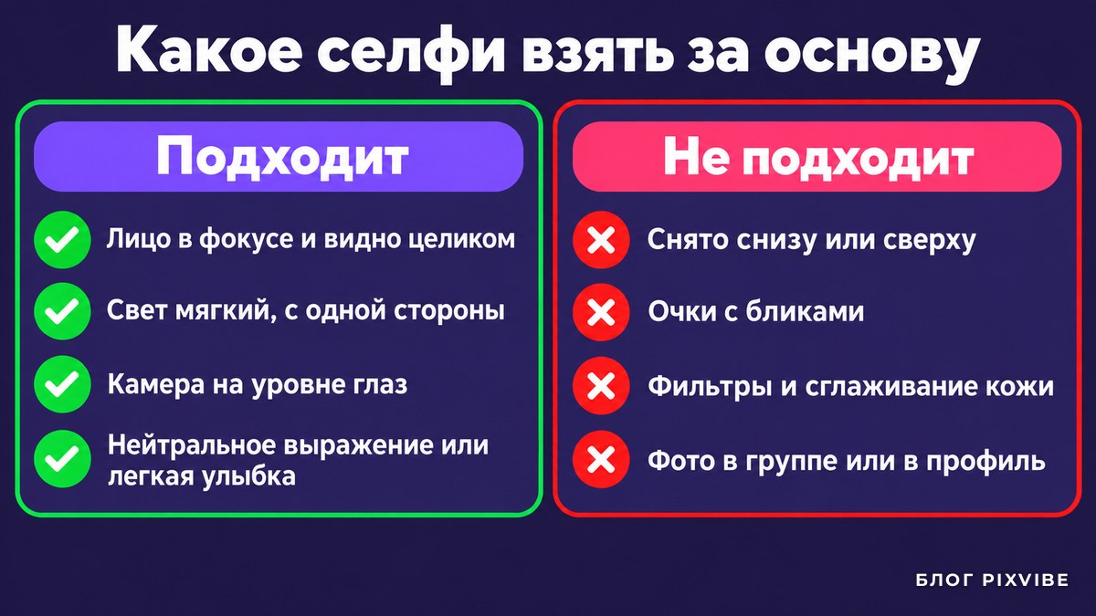 Схема: какое селфи подходит для обработки нейросетью, а какое нет