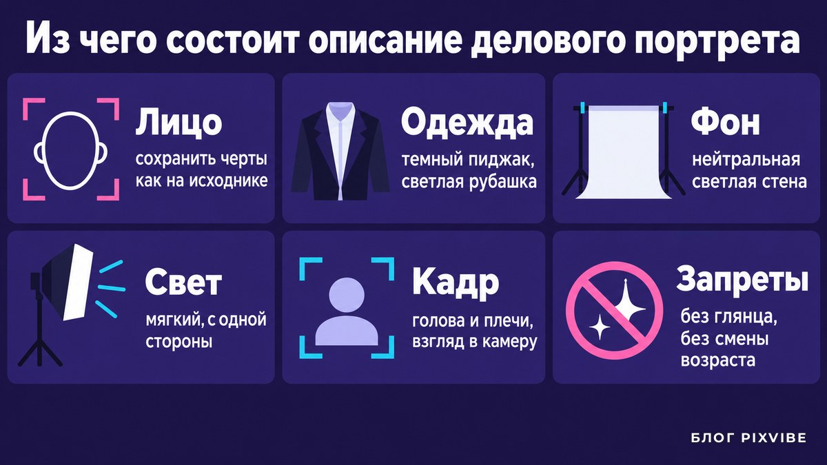 Схема из шести блоков описания делового портрета