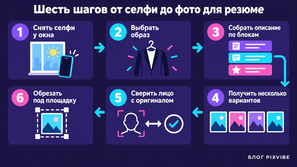 Схема из шести шагов от селфи до фото для резюме