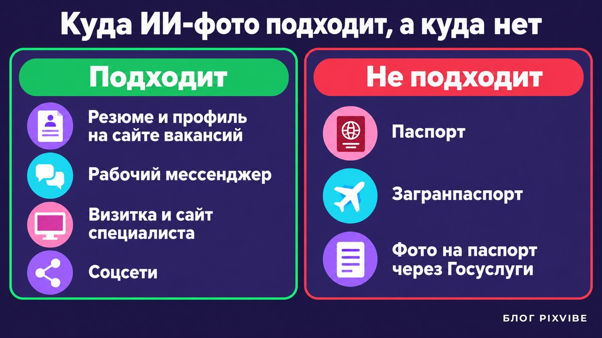 Схема: где ИИ-фото подходит, а где нет