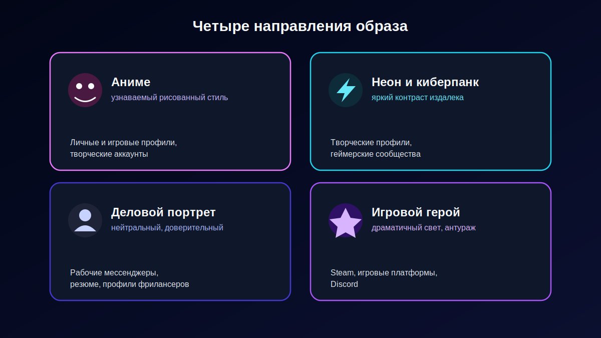 Четыре направления образа для аватарки: аниме, неон, деловой портрет, игровой герой