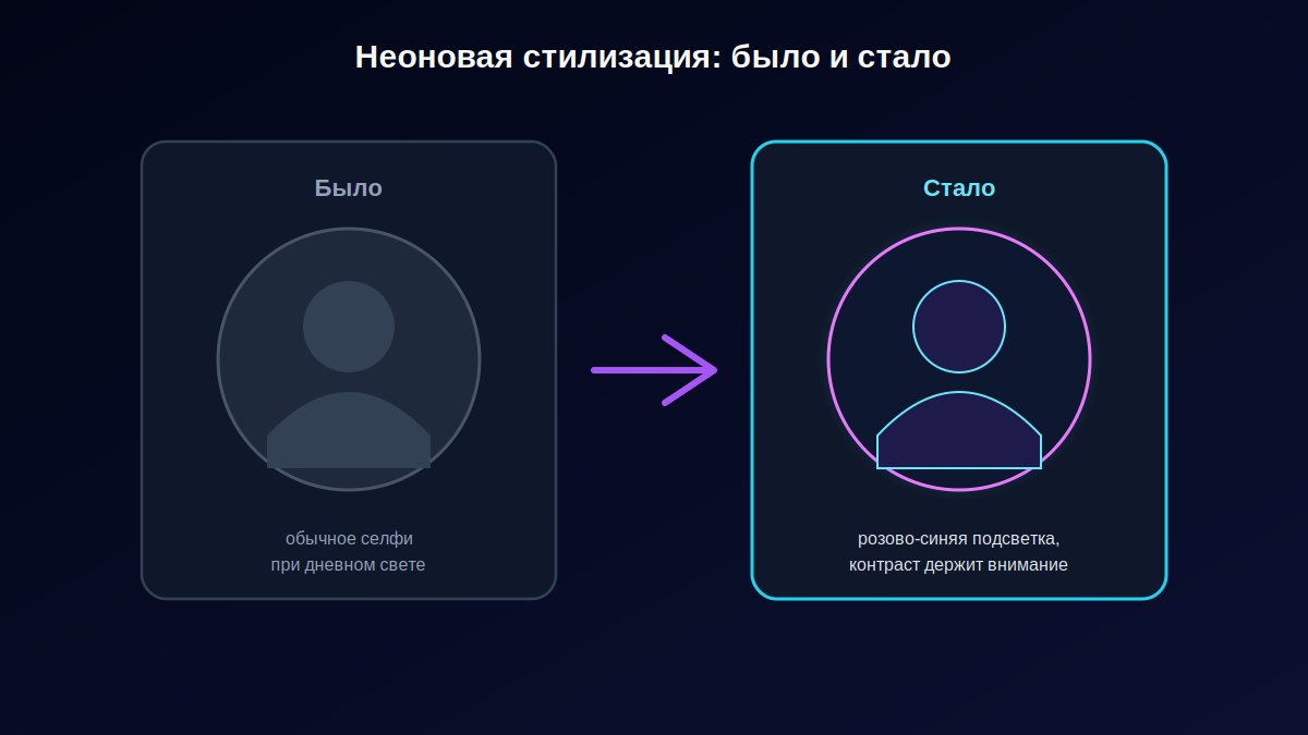 Портрет было и стало: обычное селфи и неоновая киберпанк-стилизация