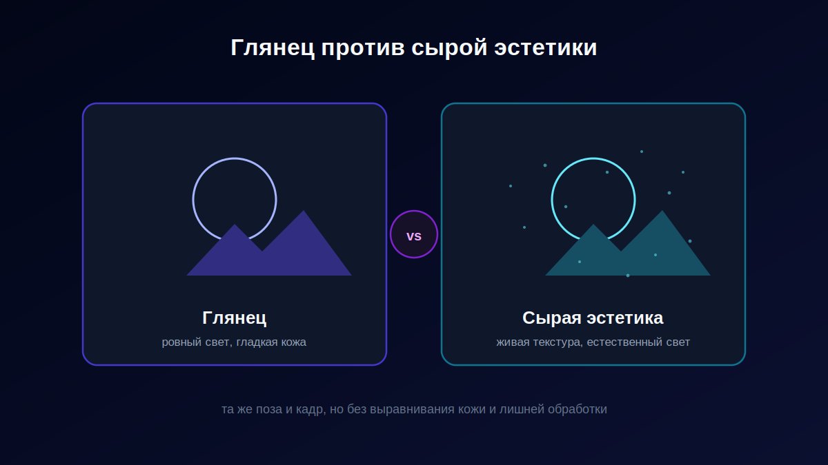 Сравнение отретушированного фото и фото в сырой естественной эстетике