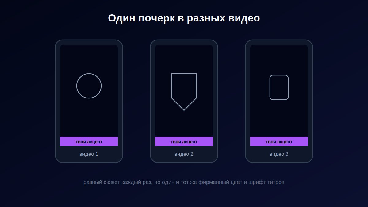 Три кадра из разных видео с одинаковым фирменным цветом и шрифтом титров