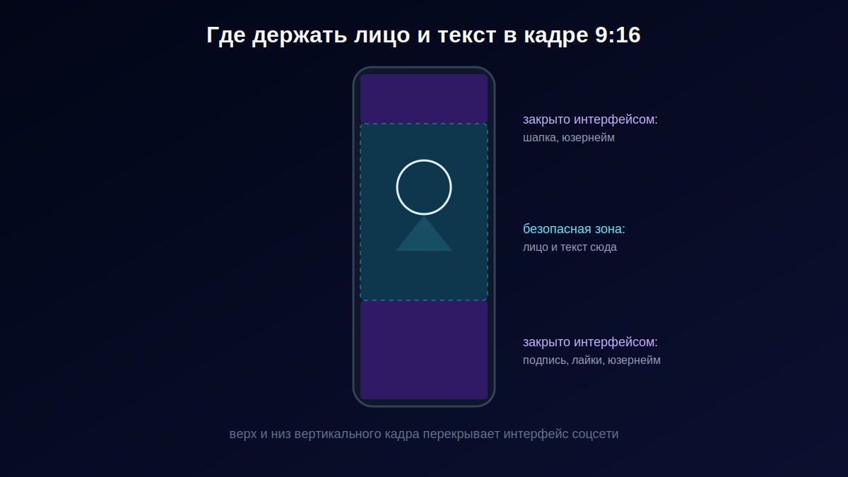 Схема безопасных зон кадра для вертикального видео под интерфейс соцсетей