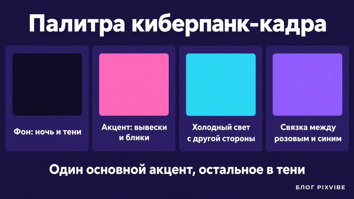 Схема палитры киберпанка: темный фон, розовый, синий и фиолетовый акценты