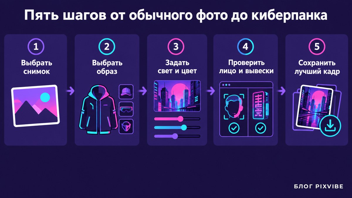 Схема из пяти шагов от обычного фото до киберпанк-кадра