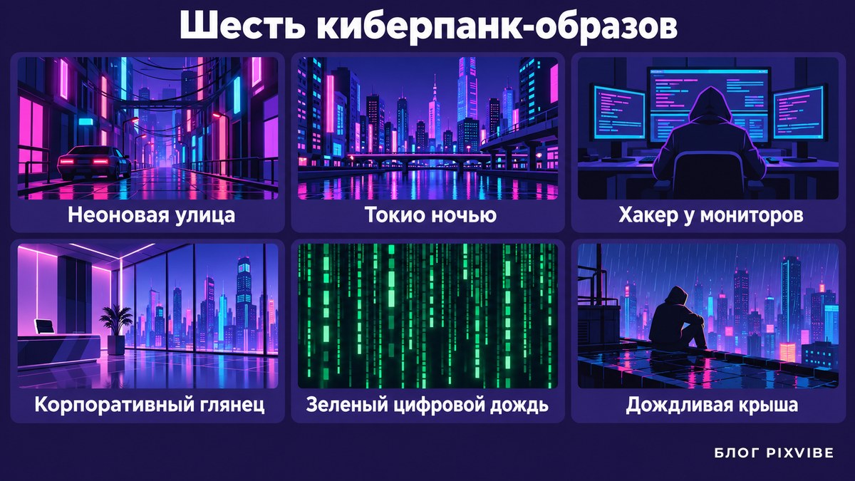 Схема из шести киберпанк-образов: неоновая улица, Токио, хакер, глянец, дождь, крыша