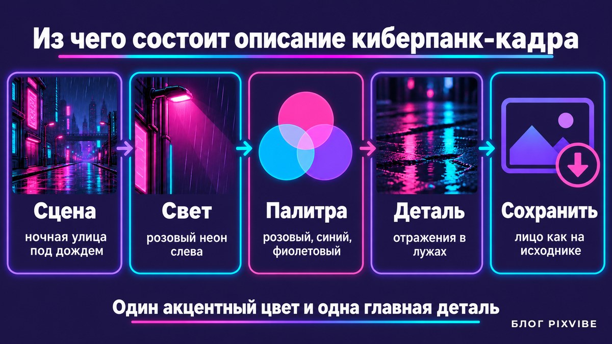 Схема формулы описания киберпанк-кадра из пяти блоков с примерами