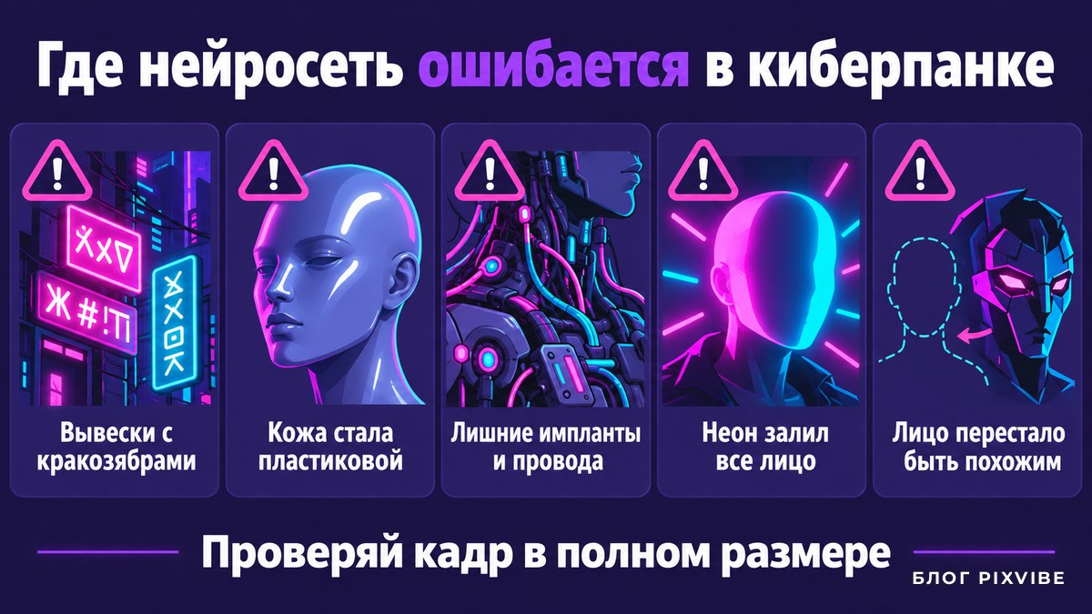 Схема из пяти типичных ошибок нейросети при создании киберпанк-фото