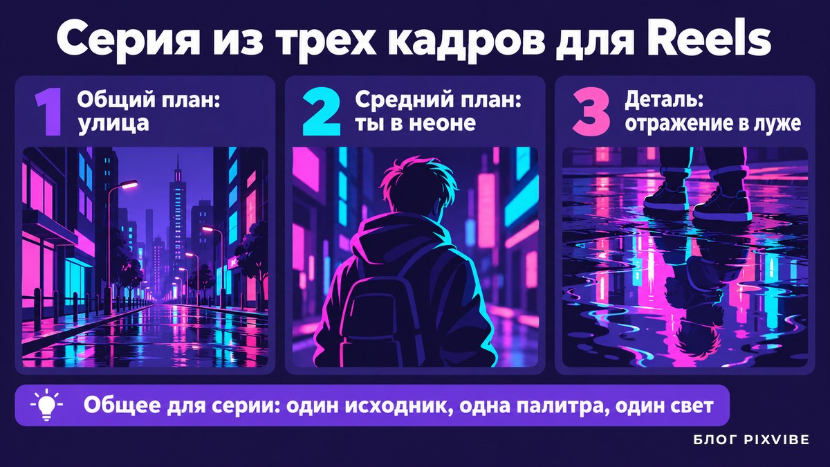 Схема серии из трех кадров для Reels: общий план, средний план и деталь