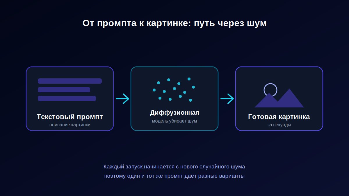 Схема: текстовый промпт направляет диффузионную модель от случайного шума к готовой картинке
