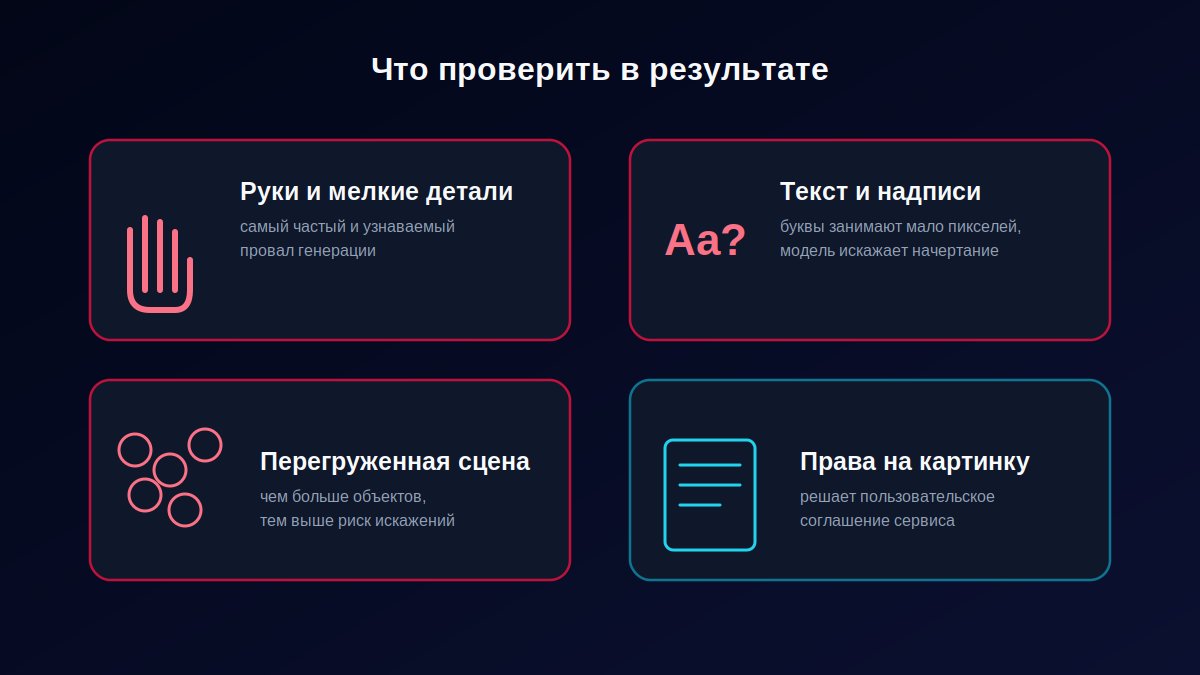 Чек-лист типичных ограничений генерации изображений: руки, текст, перегруженная сцена, права на результат