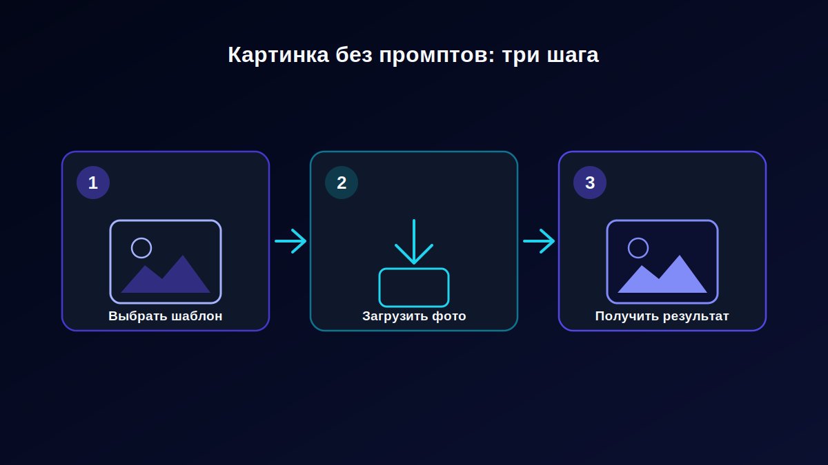 Три шага получения картинки без промптов: выбрать шаблон, загрузить фото, получить результат