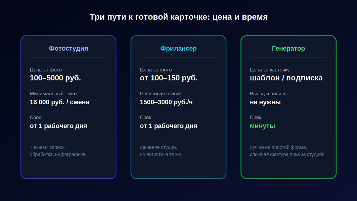 Сравнение цены и срока: фотостудия, фрилансер и генератор карточек