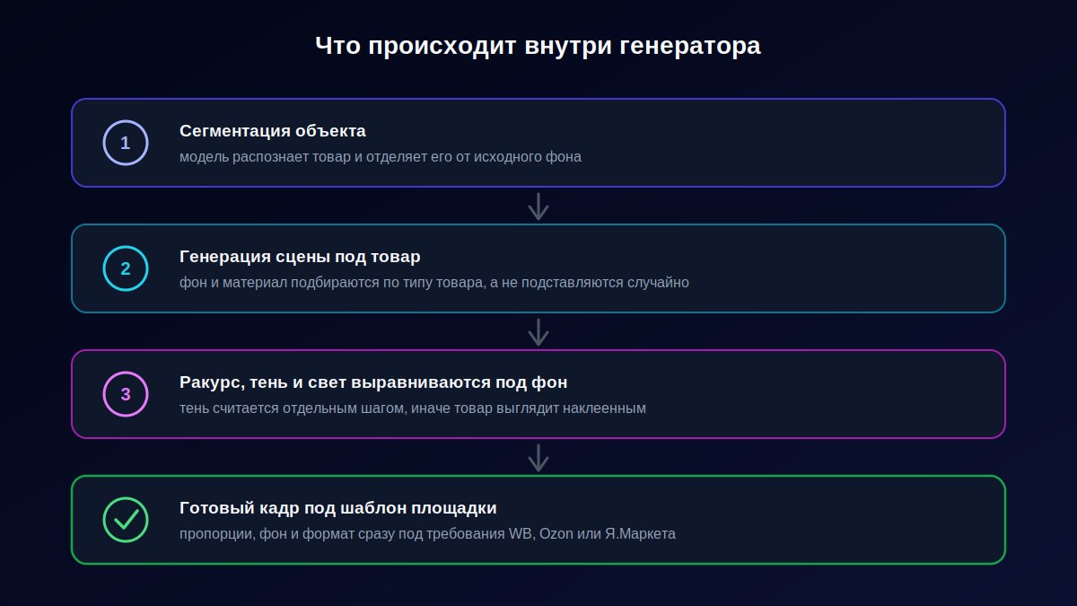 Схема четырех шагов генерации карточки товара нейросетью