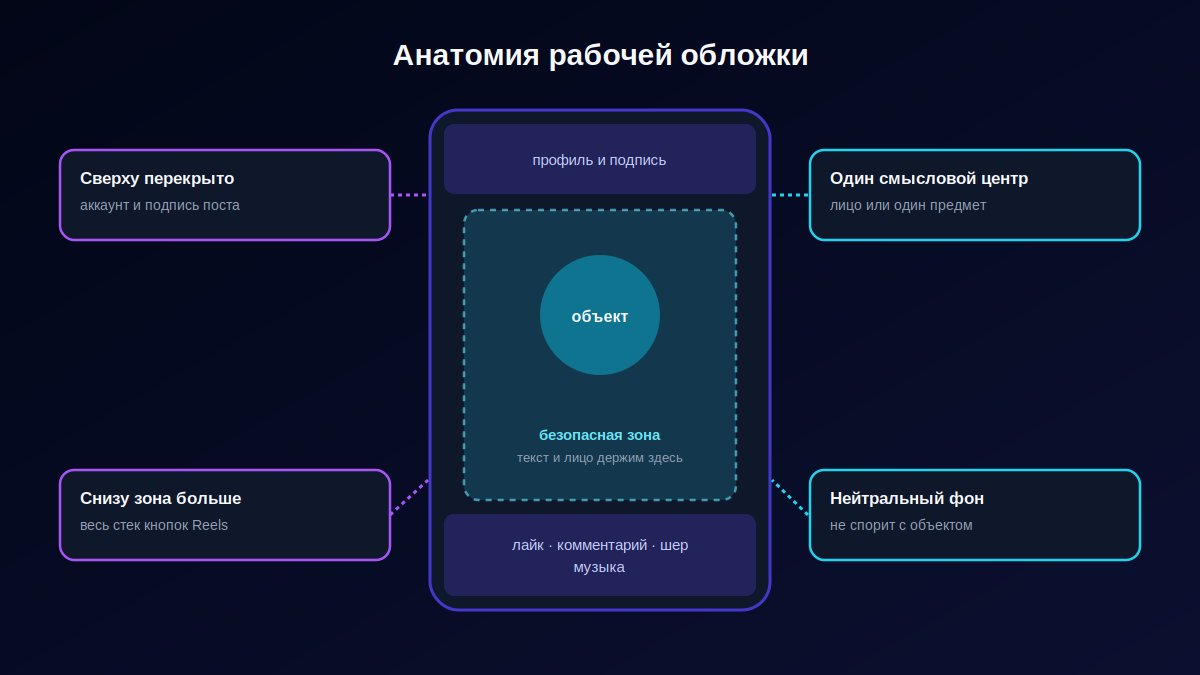 Анатомия рабочей обложки для рилс: безопасная центральная зона, доминирующий объект, зона интерфейса сверху и снизу