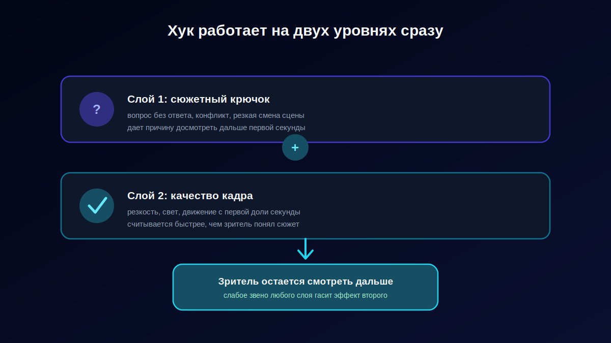 Хук рилс работает на двух уровнях одновременно: сюжетный крючок и визуальное качество первого кадра