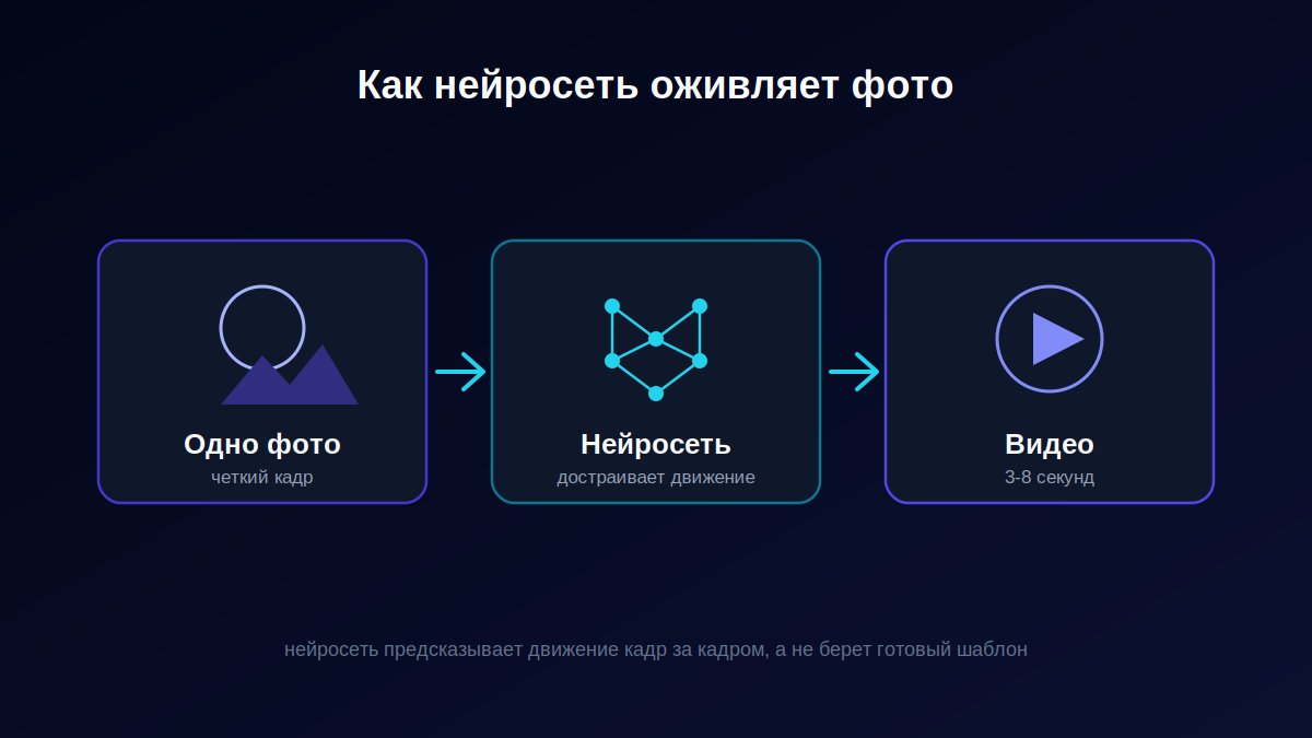 Схема: один кадр фото превращается в короткое видео через нейросеть