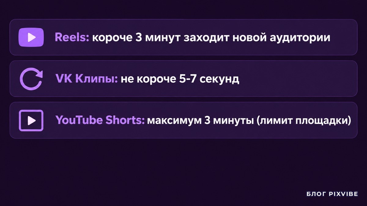 Лимиты длины мемного видео для Reels, VK Клипов и YouTube Shorts