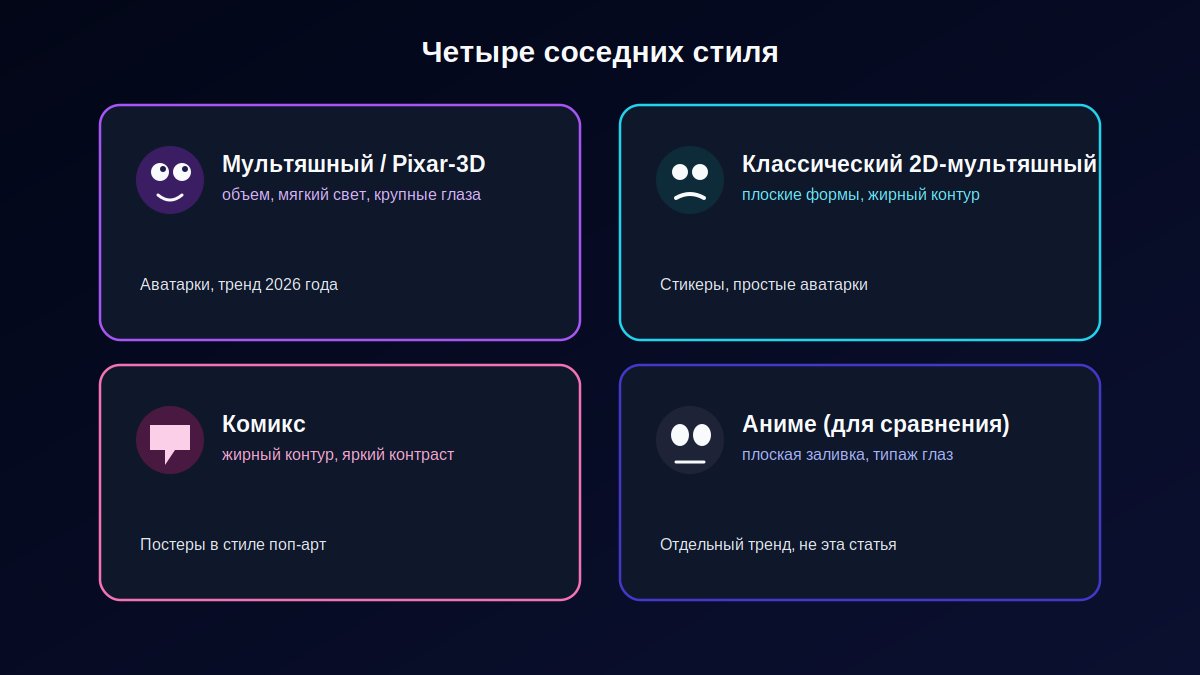 Сравнение мультяшного пиксар-стиля, классического 2D-мультика, комикса и аниме