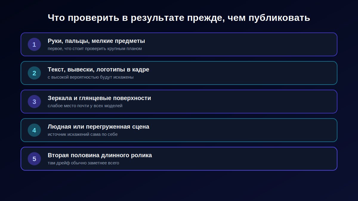 Чек-лист типичных артефактов генерации видео из фото: руки, текст, отражения, длинные ролики
