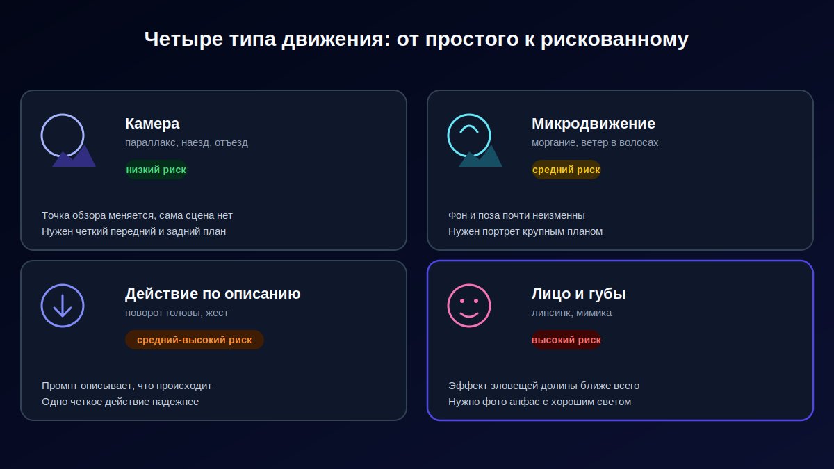 Четыре типа движения нейросети для видео из фото: камера, микродвижение, направленное движение, анимация лица