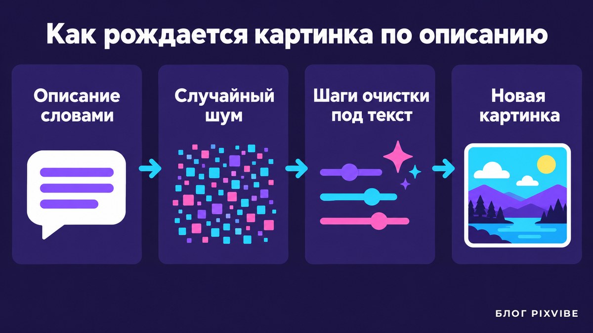 Схема: четыре шага от описания словами до новой картинки