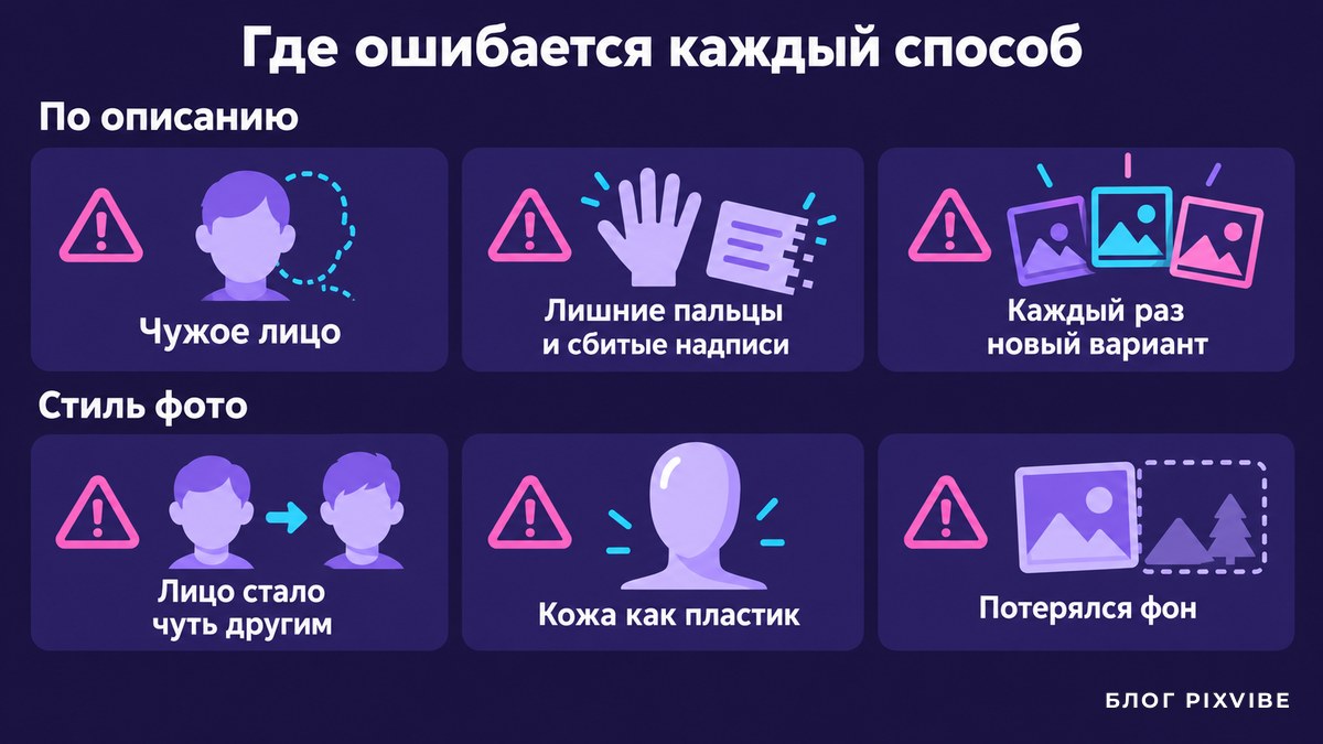 Схема: типичные ошибки способа по описанию и способа со сменой стиля