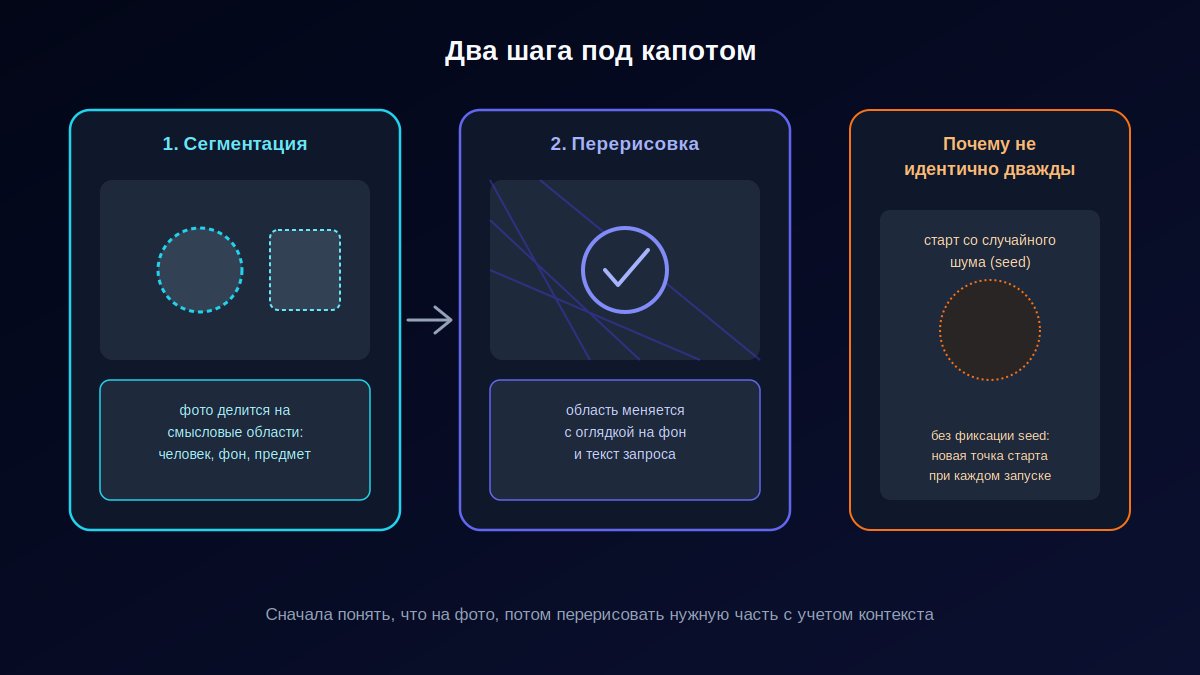 Схема: сегментация фото на области, затем перерисовка выбранной области с учетом контекста