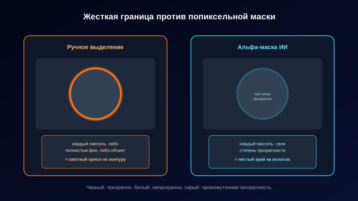 Схема: попиксельная альфа-маска против жесткой границы при вырезании фона с волосами