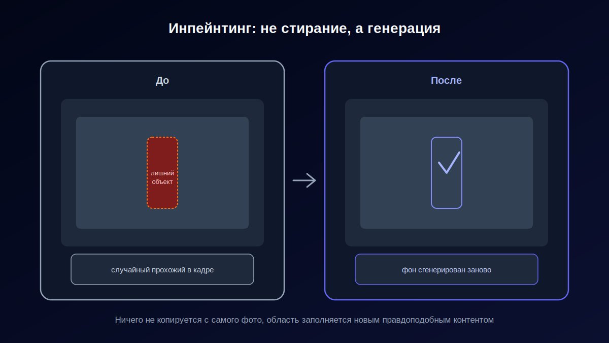 Схема инпейнтинга: удаленный объект и сгенерированное правдоподобное заполнение фона на его месте