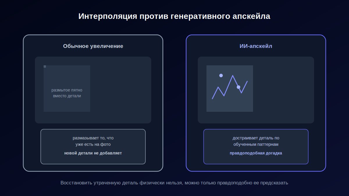 Сравнение интерполяции и генеративного апскейла: размытые пиксели против достроенных деталей