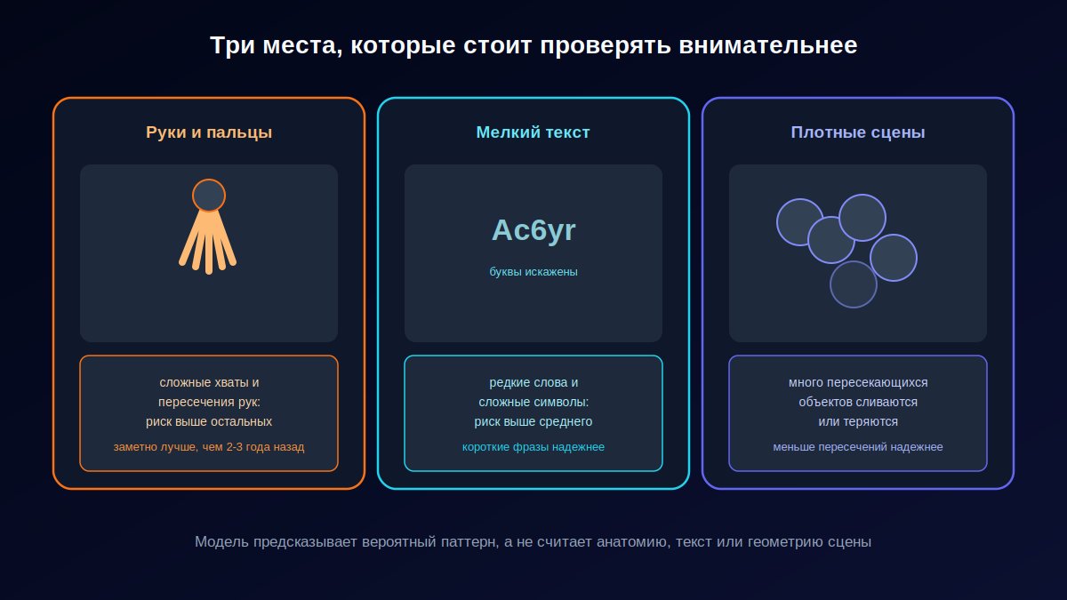 Чек-лист слабых мест ИИ-обработки фото: руки, мелкий текст, плотные сцены с множеством объектов