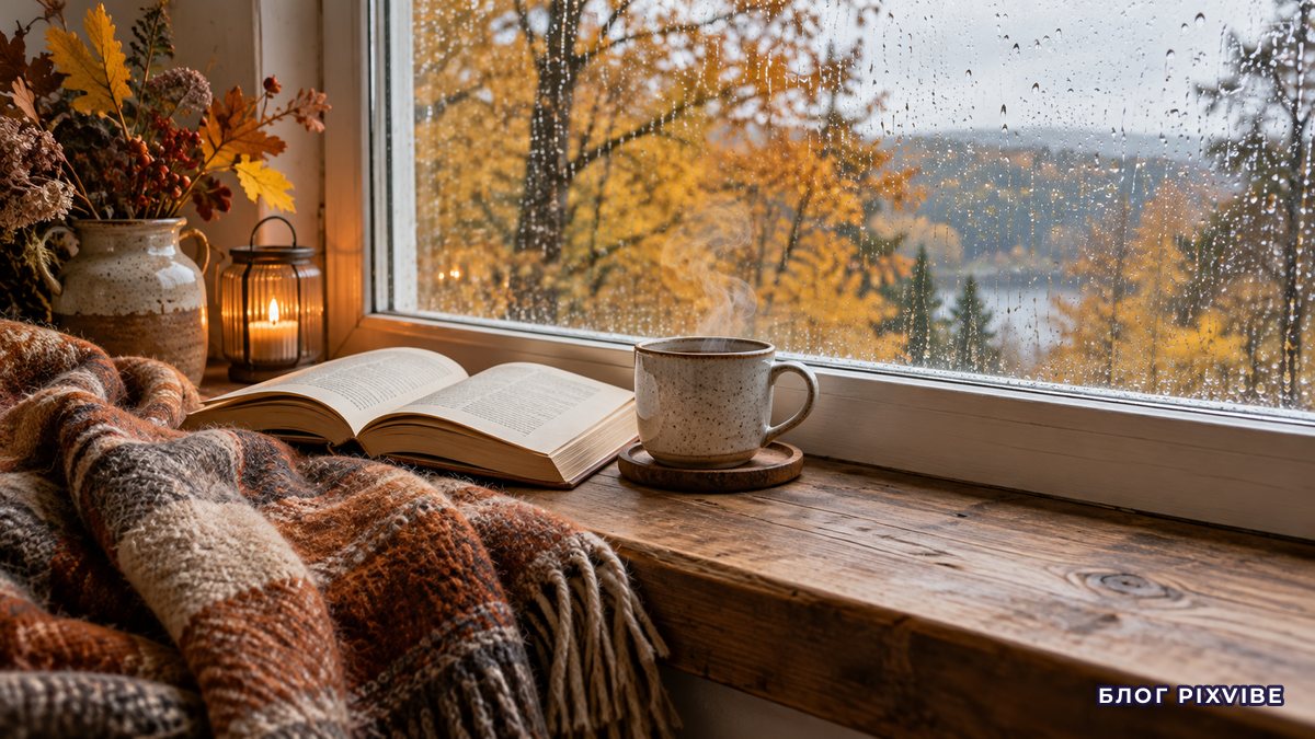 Подоконник с пледом, кружкой и книгой, за окном дождь и желтые деревья