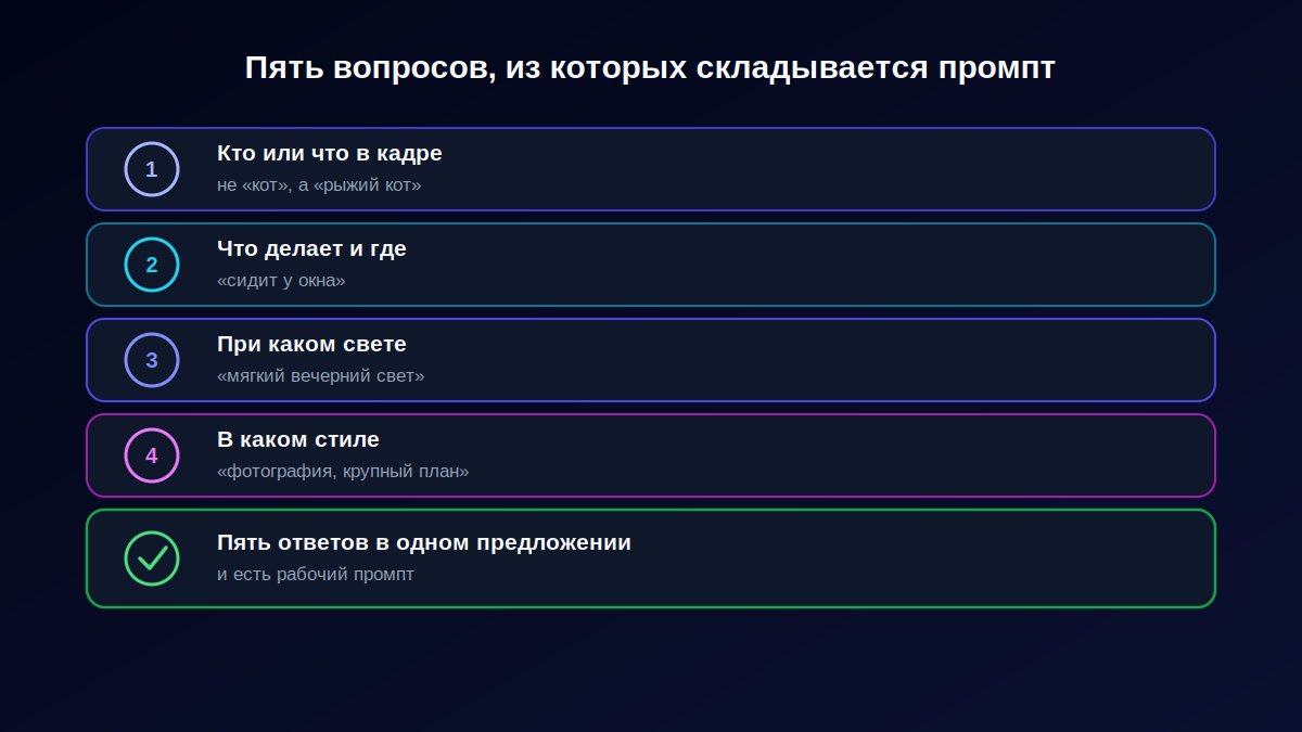 Промпт для фото как ответы на пять простых вопросов: кто, что делает, где, свет, стиль
