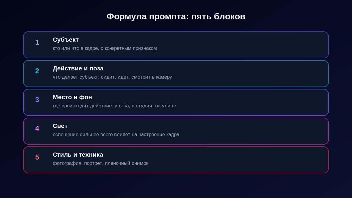 Формула промпта для фото: пять блоков, субъект, действие, место, свет, стиль
