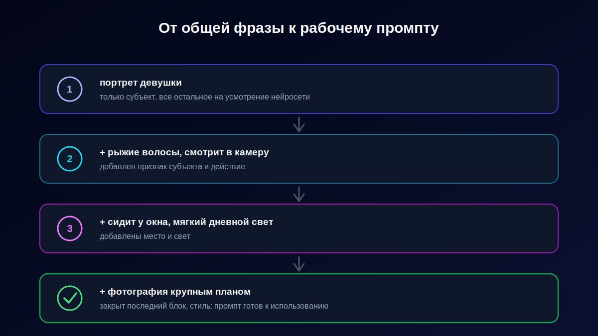 Доработка промпта по шагам: от общей фразы портрет девушки до полного описания со светом и стилем