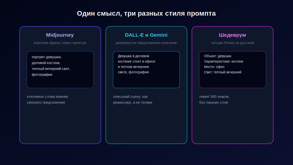 Разница в стиле промпта между сервисами: короткие фразы, развернутое описание, структура из блоков