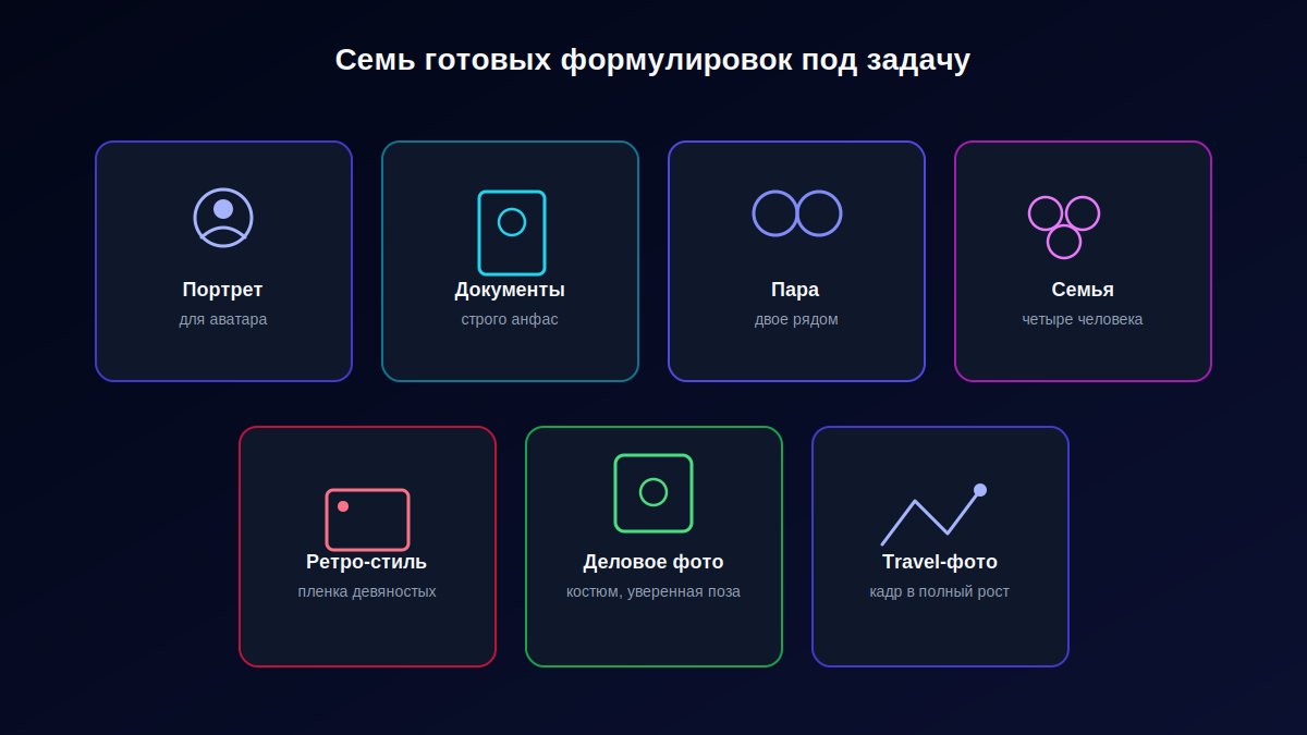 Семь категорий готовых промптов для фото: портрет, документы, пара, семья, ретро, деловое, travel